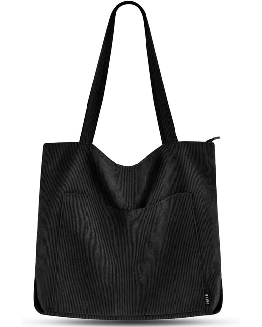 Prite Corduroy Tote Bag for Women Large Shoulder Bag with Zipper and Pockets for College Work Travel Shopping(Black)