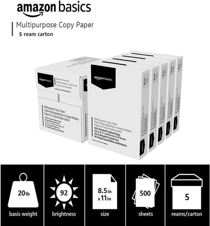 Amazon Basics Mehrzweck-Kopierpapier, 21,6 x 27,9 cm, 75 g/m², 3 Ries, 1500 Blatt, 92 Helligkeit, Weiß