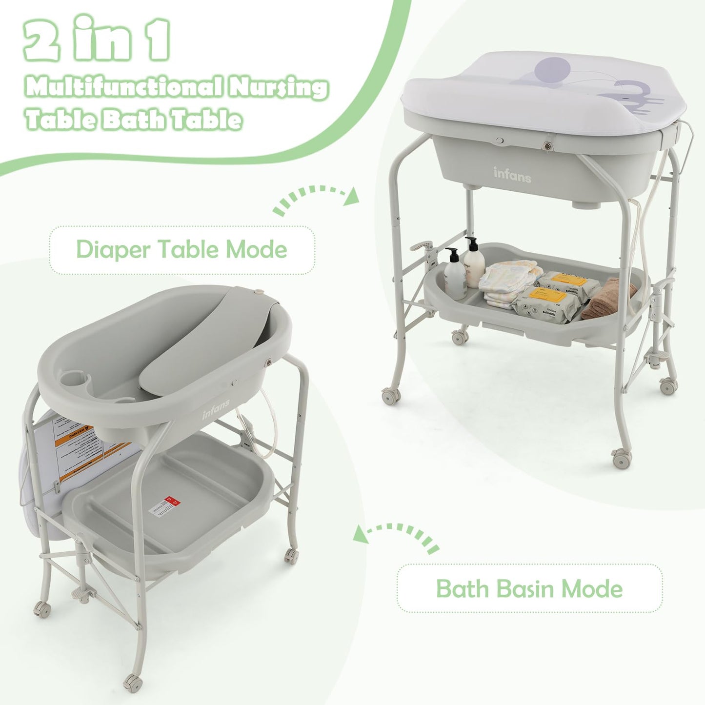 INFANS 2 in 1 Baby Changing Table with Bath Tub Unit, Folding Diaper Dresser Station with Wheels Waterproof Pad Storage Rack, Portable Nursery Organizer Stand for Newborn Infant