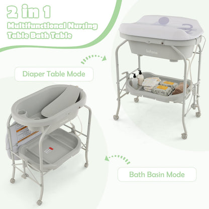 INFANS 2 in 1 Baby Changing Table with Bath Tub Unit, Folding Diaper Dresser Station with Wheels Waterproof Pad Storage Rack, Portable Nursery Organizer Stand for Newborn Infant