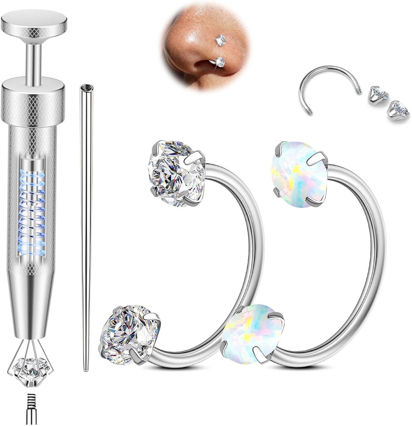 Opal Nose Ring Studs Horseshoe Nose Rings Hoops Stud 316L Stainless Steel Nose Rings Round CZ Square Screw L Shaped Nose Stud Hypoallergenic Nostril Piercing Jewelry for Women Men