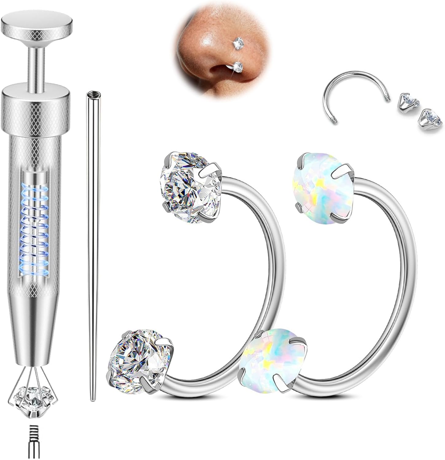 Opal Nose Ring Studs Horseshoe Nose Rings Hoops Stud 316L Stainless Steel Nose Rings Round CZ Square Screw L Shaped Nose Stud Hypoallergenic Nostril Piercing Jewelry for Women Men