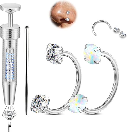 Opal Nose Ring Studs Horseshoe Nose Rings Hoops Stud 316L Stainless Steel Nose Rings Round CZ Square Screw L Shaped Nose Stud Hypoallergenic Nostril Piercing Jewelry for Women Men