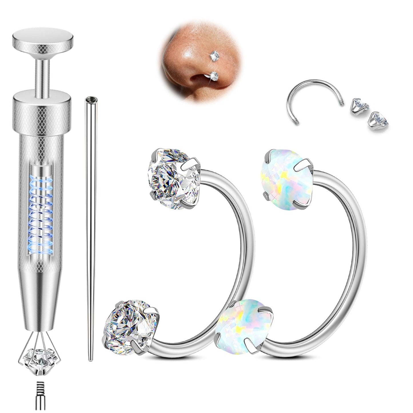 Opal Nose Ring Studs Horseshoe Nose Rings Hoops Stud 316L Stainless Steel Nose Rings Round CZ Square Screw L Shaped Nose Stud Hypoallergenic Nostril Piercing Jewelry for Women Men