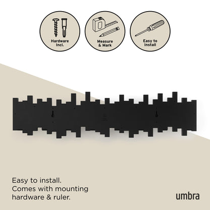 Umbra Sticks Wall-Mounted Coat Rack Rail Hook with 5 Retractable Pegs – Modern, Space-Saving Storage Organizer, Black