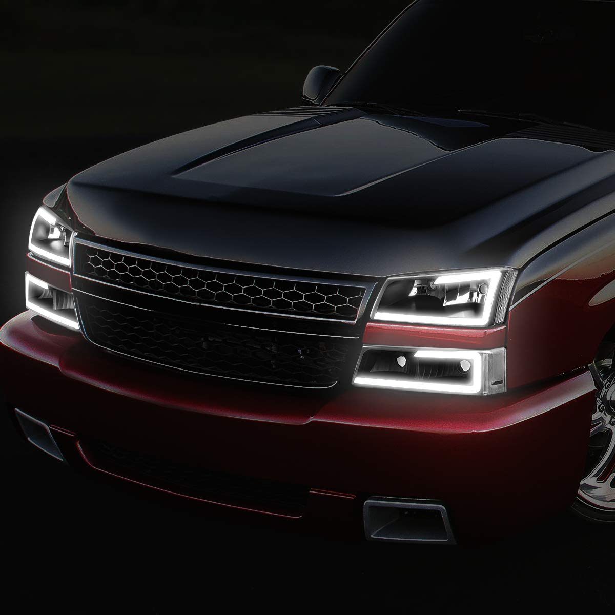 DNA MOTORING HL-LB-CSIL03-BK-CL1 Black Housing 3D LED DRL Headlight Bumper Lamp Set Compatible with 03-06 Silverado 1500-3500 / Avalanche 1500 2500