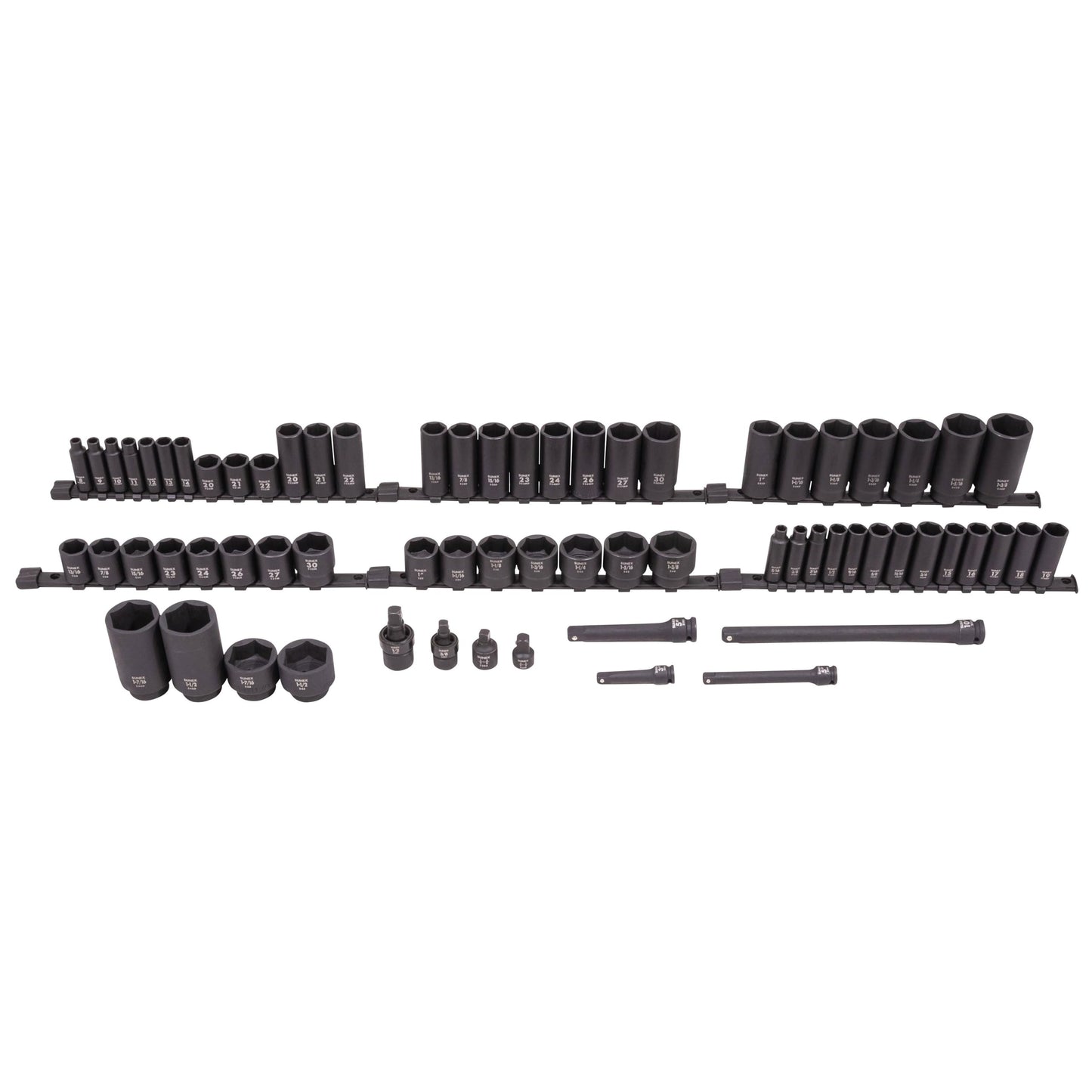 SUNEX Tools 80 Piece 3/8 in. Drive Master Impact Socket Set, Universal, Star, External Star, Extensions, Universal Joint, SAE and Metric, 8mm to 19mm and 5/16 in. to 3/4 in., CR-MO Steel, Model 3580
