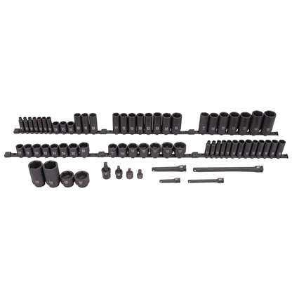 SUNEX Tools 80 Piece 3/8 in. Drive Master Impact Socket Set, Universal, Star, External Star, Extensions, Universal Joint, SAE and Metric, 8mm to 19mm and 5/16 in. to 3/4 in., CR-MO Steel, Model 3580