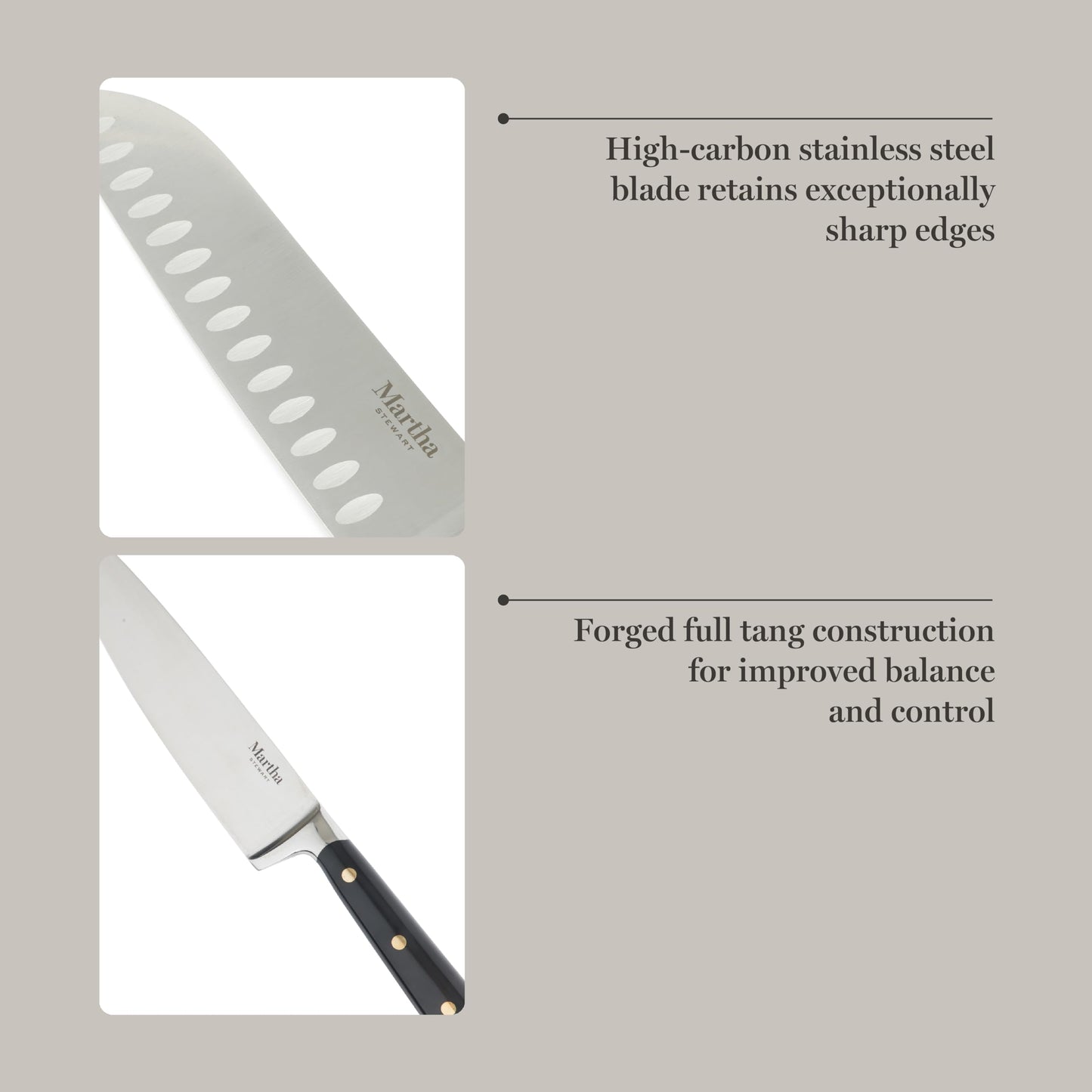 Martha Stewart Knife Block Set 16-Piece - Lockton High Carbon Stainless Steel Forged Full Tang Chef Knives, Acacia Wood Block, Triple Riveted Handles, Linen White & Gold