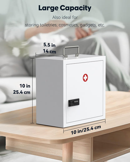 Uniclife Wall Mount Medicine Cabinet with Combination & Key Lock Locking First Aid Cabinet Lockable Medical Cabinet Large Capacity Medicine Organizer Secure Steel Wall Cabinet Metal Storage Box, White