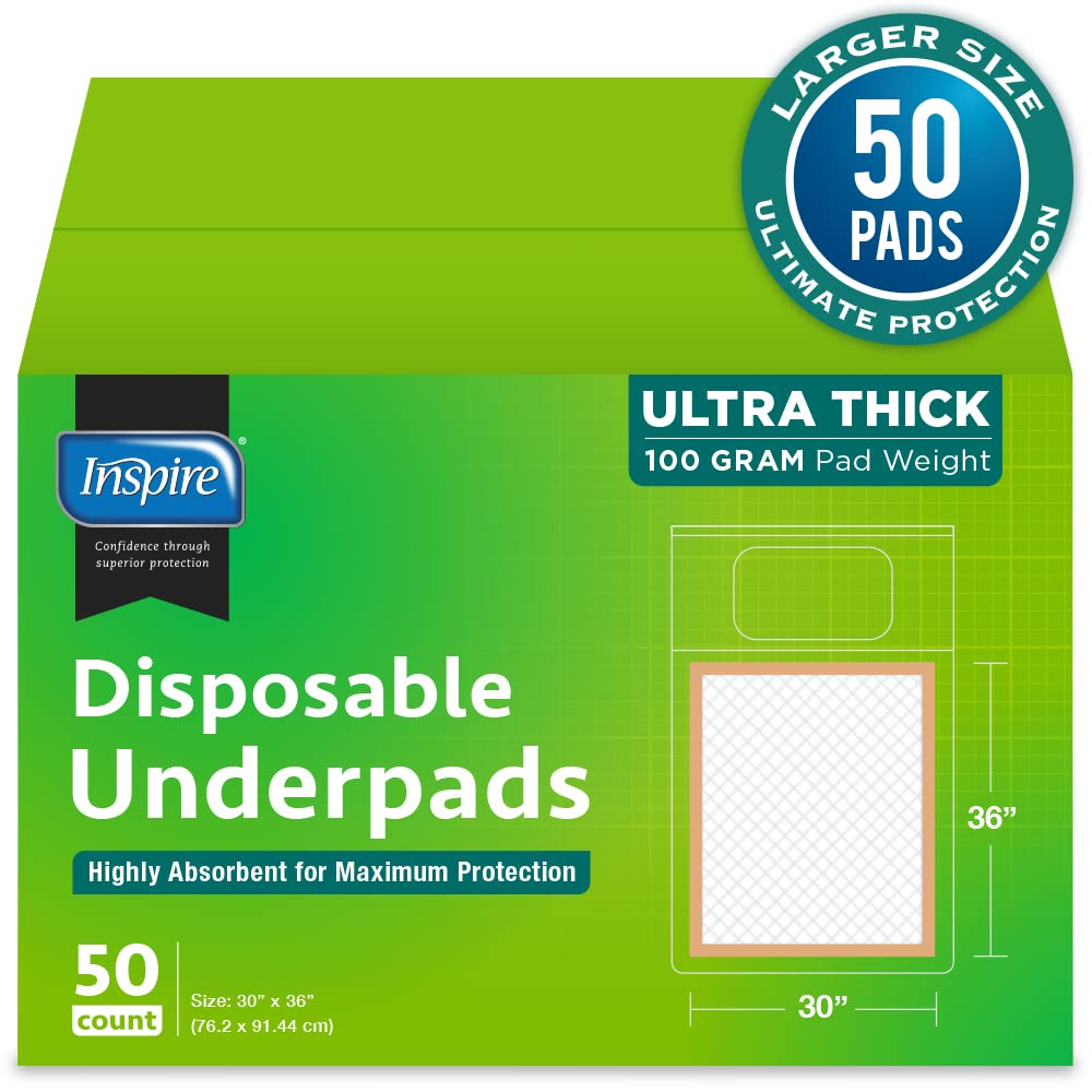 Inspire Super Absorbent Disposable Bed Pads for Chronic Incontinence Ultra Thick and Absorbent Bed Pads Disposable Adult | Pee Pads for Adults (36" X 36" Pack of 50) XX Large