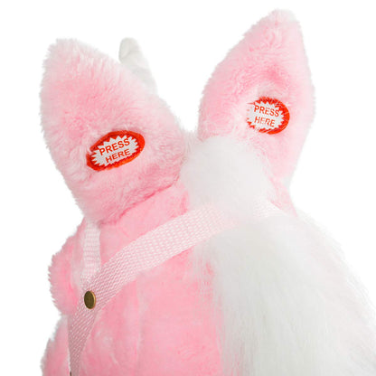 HollyHOME Plüsch Einhorn Steckenpferd mit Holzrädern Echten Pony Wiehern und Galoppieren Geräuschen Plüschtier Rosa 94 cm (AA Batterien Benötigt)