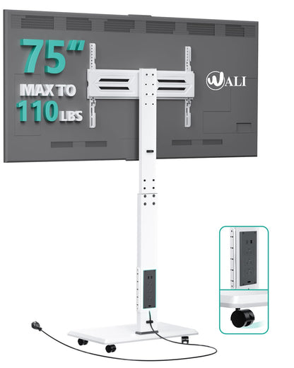 WALI Rolling TV Stand with Power Outlet & AV Shelf, Mobile Tall TV Stand Mount on Wheels for 34-75 inch TV up to 110 lbs, Swivel Height Adjustable TV Cart with Wood Base for Bedroom(TVDVD-6PRW), White