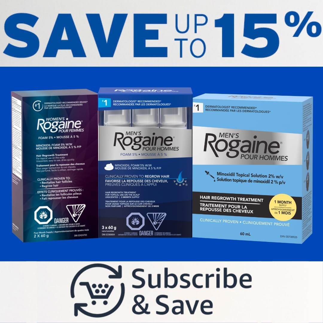 Rogaine Men's Hair Regrowth Treatment with 5% Minoxidil Foam - Clinically Tested for Male Pattern Baldness - 3-Month Supply, Quick-Dry Formula, 3x 60g Canisters