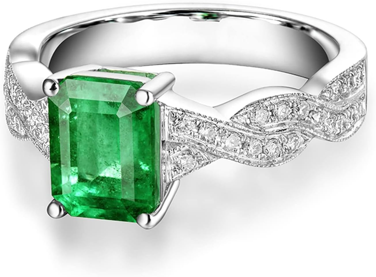 18K White Gold Ring 1.38ct Rectangular Shape Emerald with 0.29ct Diamond Promise Ring for Girls