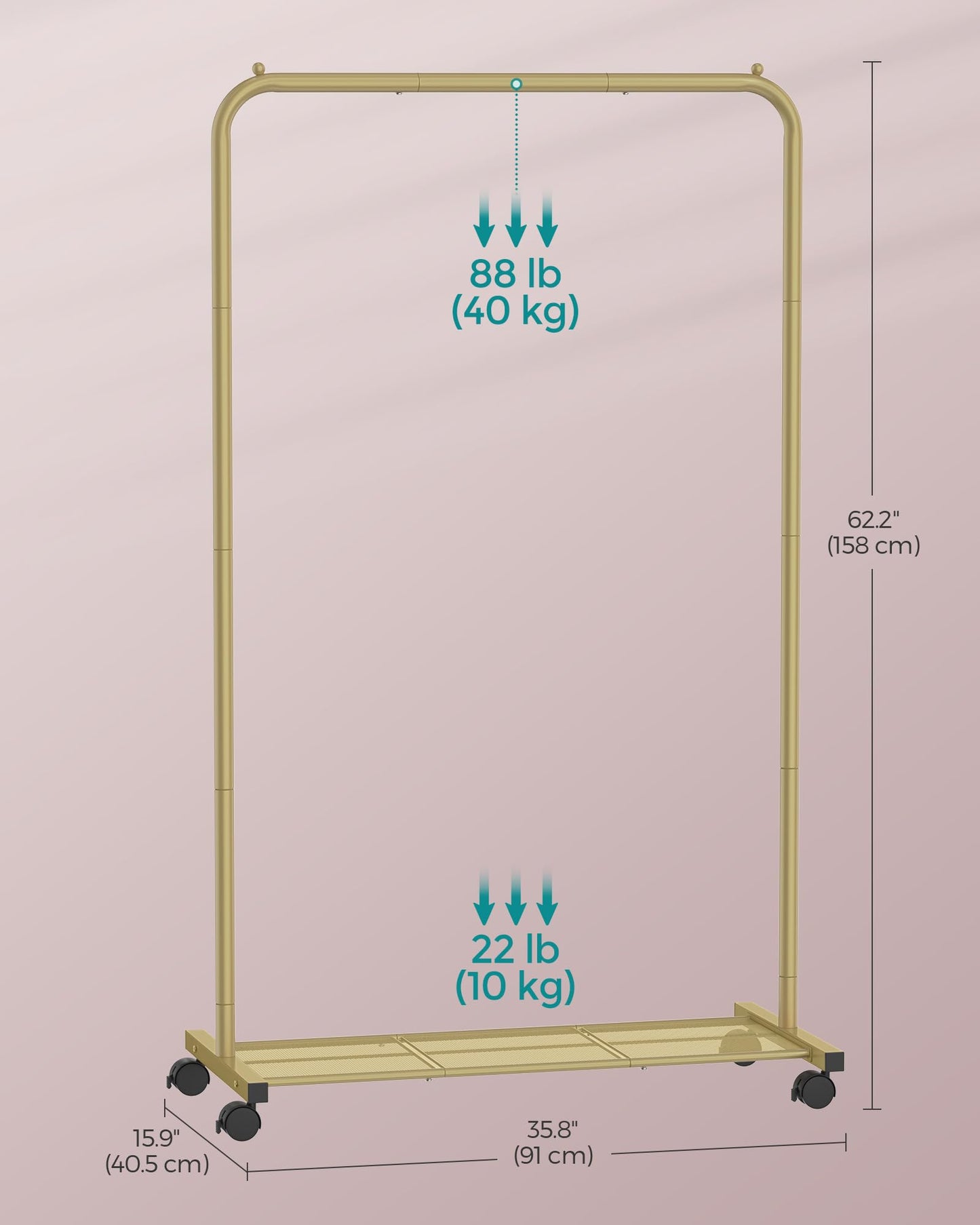 SONGMICS Clothes Rack with Wheels, Clothing Rack for Hanging Clothes, 25.4 mm Metal Garment Rack with Dense Mesh Storage Shelf, 110 lb Load Capacity, 2 Brakes, Black UHSR25BK