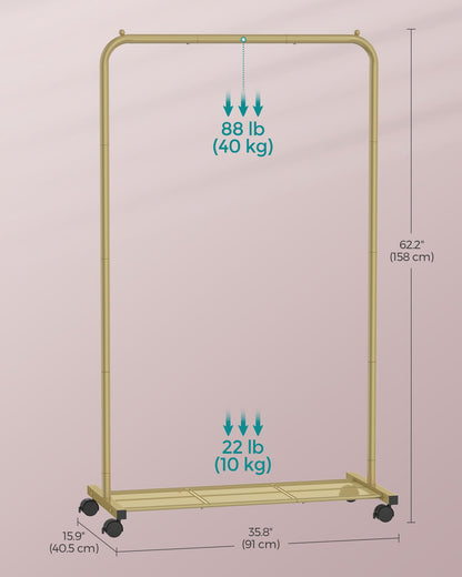 SONGMICS Clothes Rack with Wheels, Clothing Rack for Hanging Clothes, 25.4 mm Metal Garment Rack with Dense Mesh Storage Shelf, 110 lb Load Capacity, 2 Brakes, Black UHSR25BK