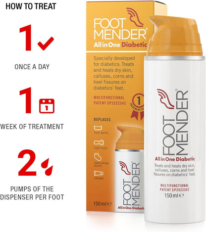 Footmender All in One Diabetic | Medically Proven, an Effictive Foot Cream | Treat and Heal Your Dry Feet, Hard Skin, Corns and Cracked Heels | Significant Effect After First Treatment | 150 ml