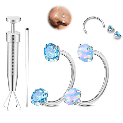 Opal Nose Ring Studs Horseshoe Nose Rings Hoops Stud 316L Stainless Steel Nose Rings Round CZ Square Screw L Shaped Nose Stud Hypoallergenic Nostril Piercing Jewelry for Women Men