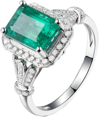 Aienid 18K Couple Wedding Bands White Gold 1.85ct Emerald Cut Emerald with 0.3ct Diamond Promise Ring for Girls