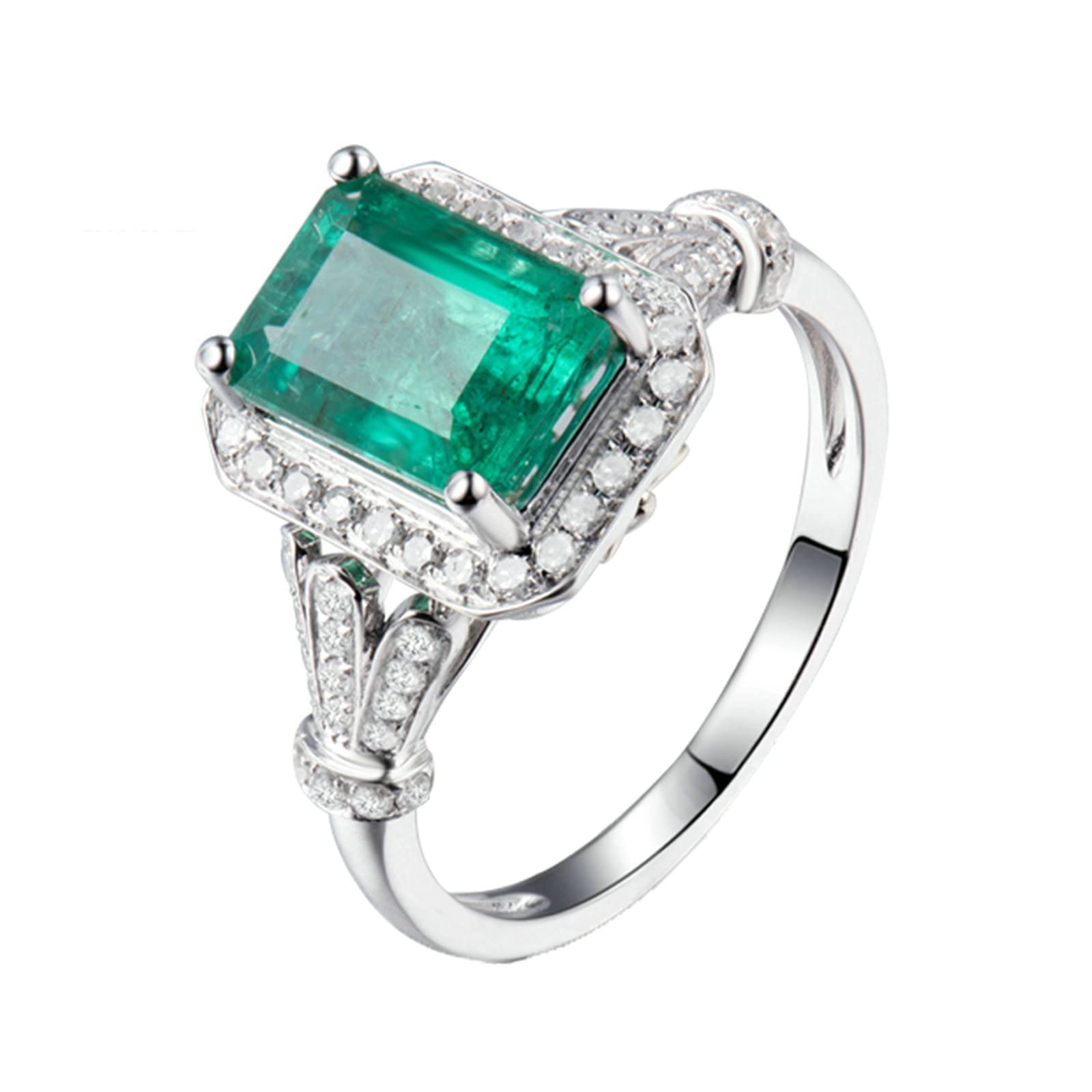 Aienid 18K Couple Wedding Bands White Gold 1.85ct Emerald Cut Emerald with 0.3ct Diamond Promise Ring for Girls