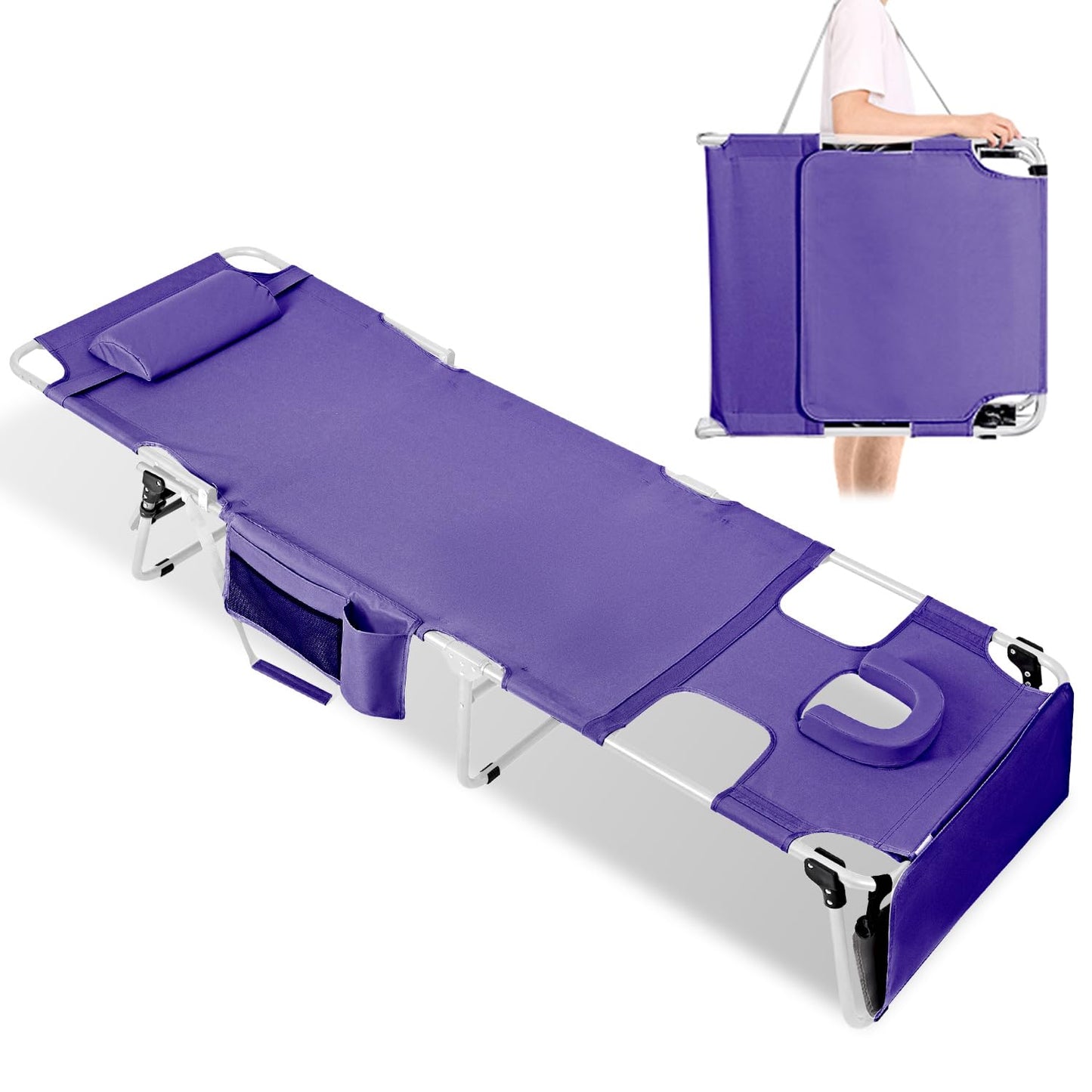Tanning Chair with Face Hole, Adjustable Folding Chaise Lounge Chairs for Outside with Detachable Pillow & Pocket，Portable flat beach chairs for sunbathing, beach lawns camping (Purple, Standard)