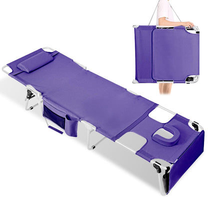 Tanning Chair with Face Hole, Adjustable Folding Chaise Lounge Chairs for Outside with Detachable Pillow & Pocket，Portable flat beach chairs for sunbathing, beach lawns camping (Purple, Standard)