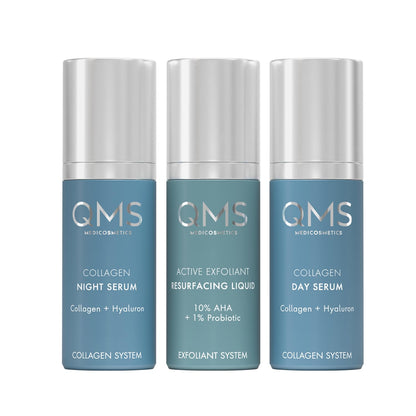 QMS Medicosmetics Day + Night 3-Step Core Routine – Includes Collagen Day Serum, Collagen Night Serum + 10% AHA Exfoliant Resurfacing Liquid – Diminishes Lines + Wrinkles + Reduces Signs of Aging