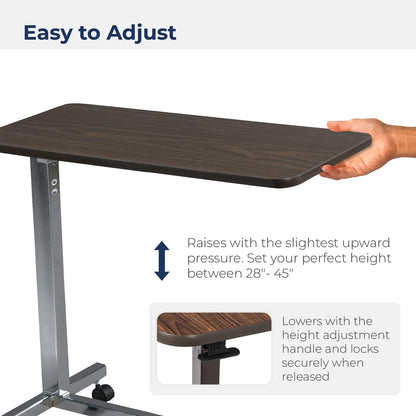 Drive Medical Overbed Table with Wheels - Secure Height Adjustment for Comfort - Non Tilt Surface - Smooth Rolling Design - Home & Hospital Use - Woodgrain Laminate Top - Silver Vein