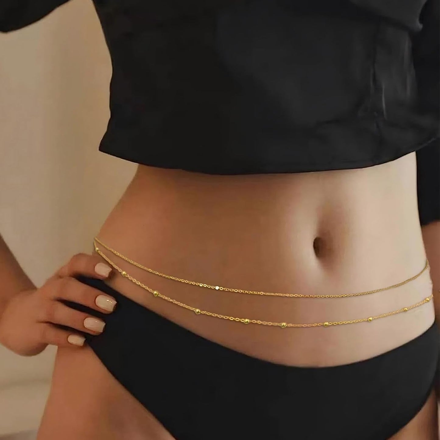 Gold Body Chain for Waist 2Pcs 14K Gold Plated Sexy Belly Chains for Women Beads Cuban Waist Chain Jewelry for Beach Accessories 26.77-52.36Inch