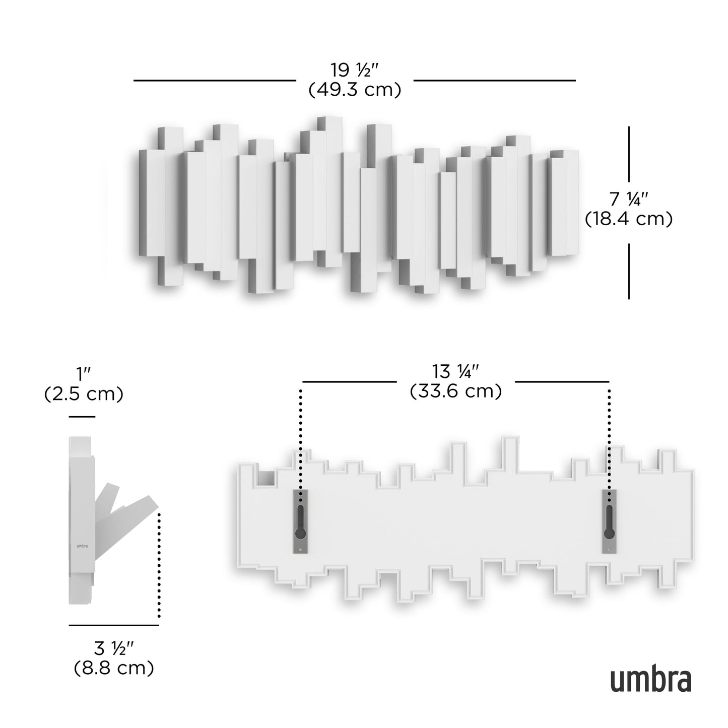 Umbra Sticks Wall-Mounted Coat Rack Rail Hook with 5 Retractable Pegs – Modern, Space-Saving Storage Organizer, Black