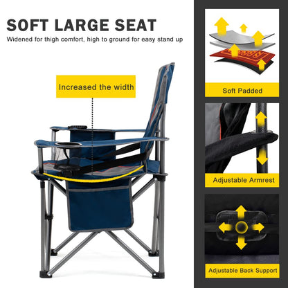FAIR WIND Padded Camping Chair 500LBS Capacity Heavy Duty Oversized Folding Chair for Heavy People Portable Lawn Chair with Adjustable Lumbar Support, Cooler Bag & Cup Holder for Outdoor, Beach