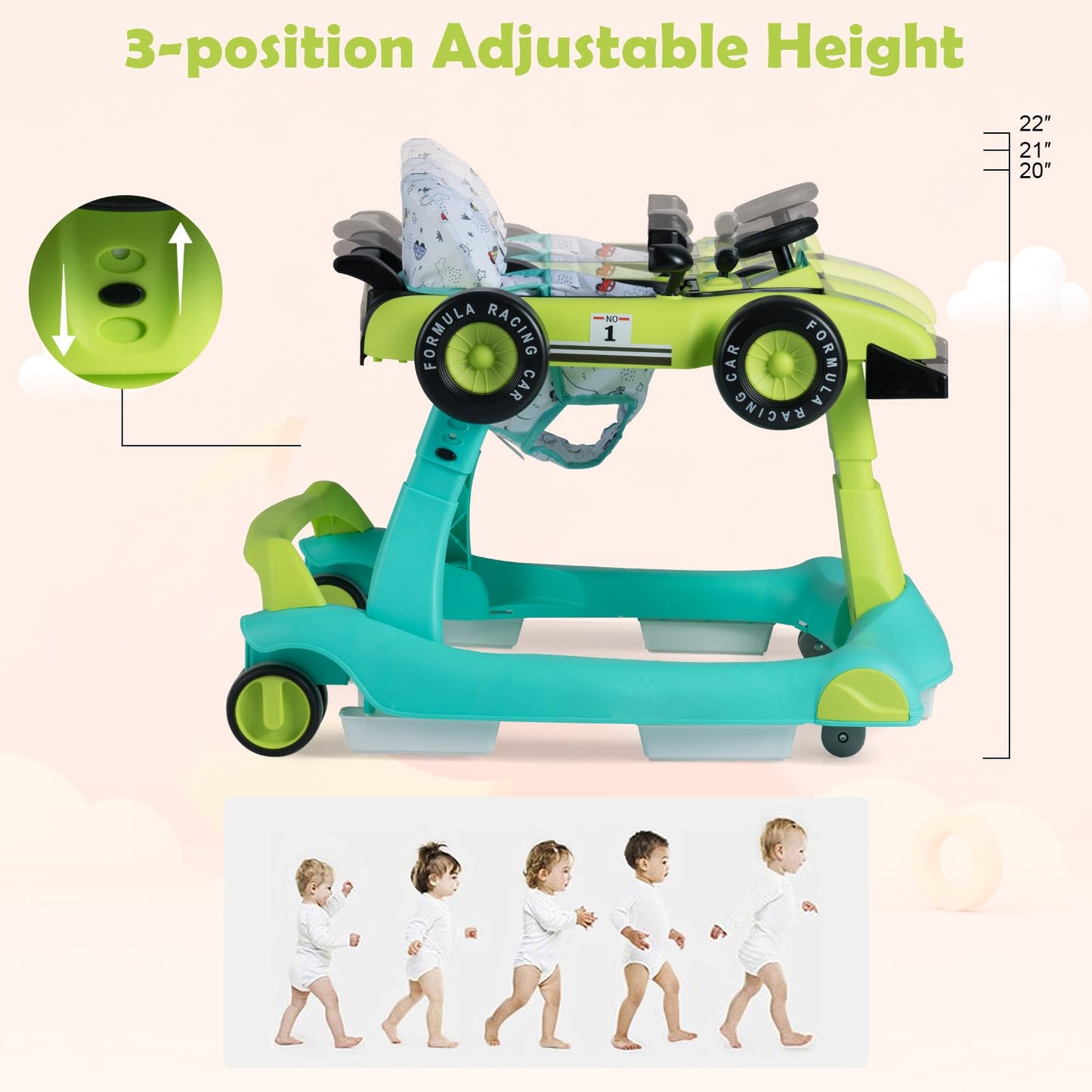 HONEY JOY 4-in-1 Baby Walker, Activity Push Walker w/3 Adjustable Heights, Smooth Wheels w/Adjustable Speed, Padded Seat, Music & Light, Foldable Car Walker for Baby Boys Girls Age 6 Months+ (Blue)