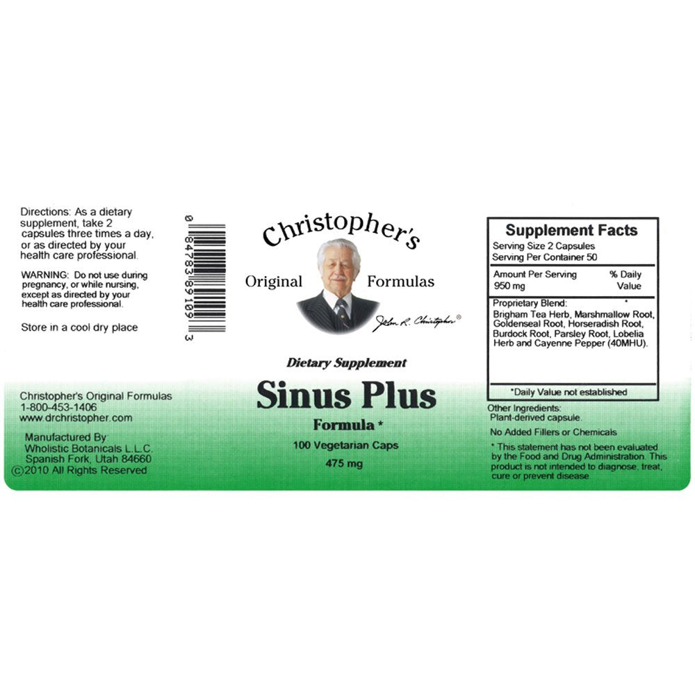 Christopher's Original Formulas Sinus Plus, Sinus Support Capsules, Whole Herb Synergistic Blend, 100 Count