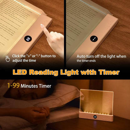 Book Light, Rechargeable Clear LED Flat Reading Light with 3 Colors & Timer, Dimmable Panel Plate Lamp Book Full Page Light for Reading in Bed at Night, Funny Gifts for Readers Kids Women Men (White)
