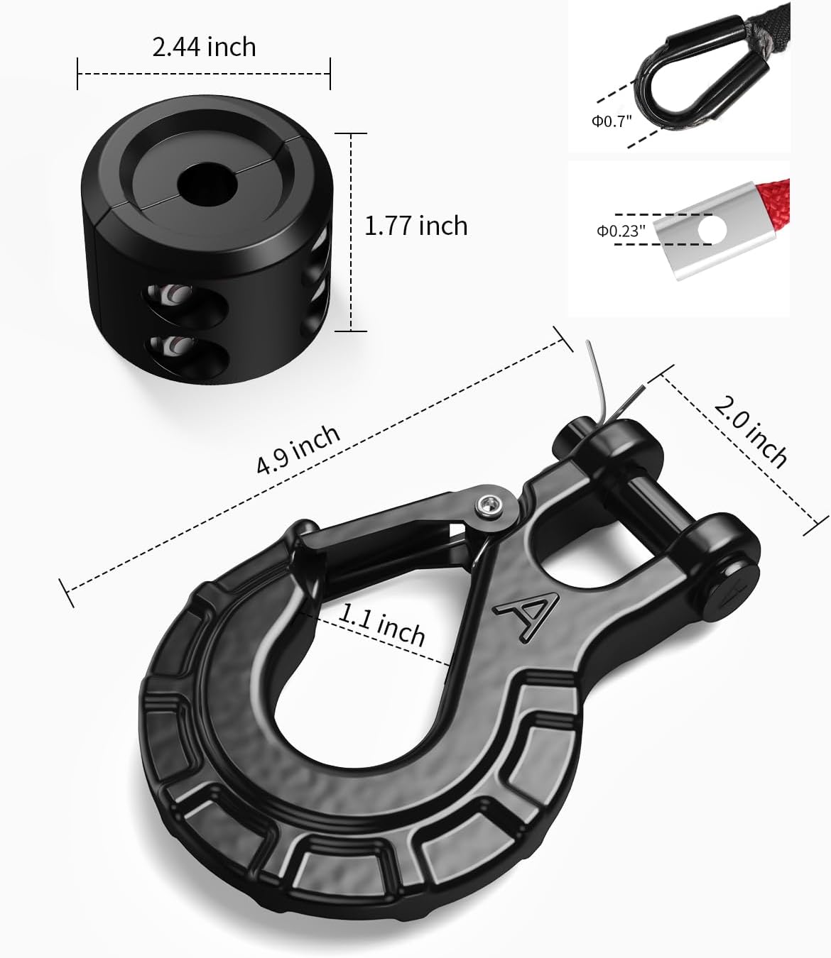 Kolvoii Synthetisches Windenseil-Set, 1/4" x 50ft 9.650lbs Windenseil mit Stahlhaken, Schutzhülle und Windenseilstopper für ATV UTV Off-Road Fahrzeuge etc. (Graues Seil, Schwarzer Haken)