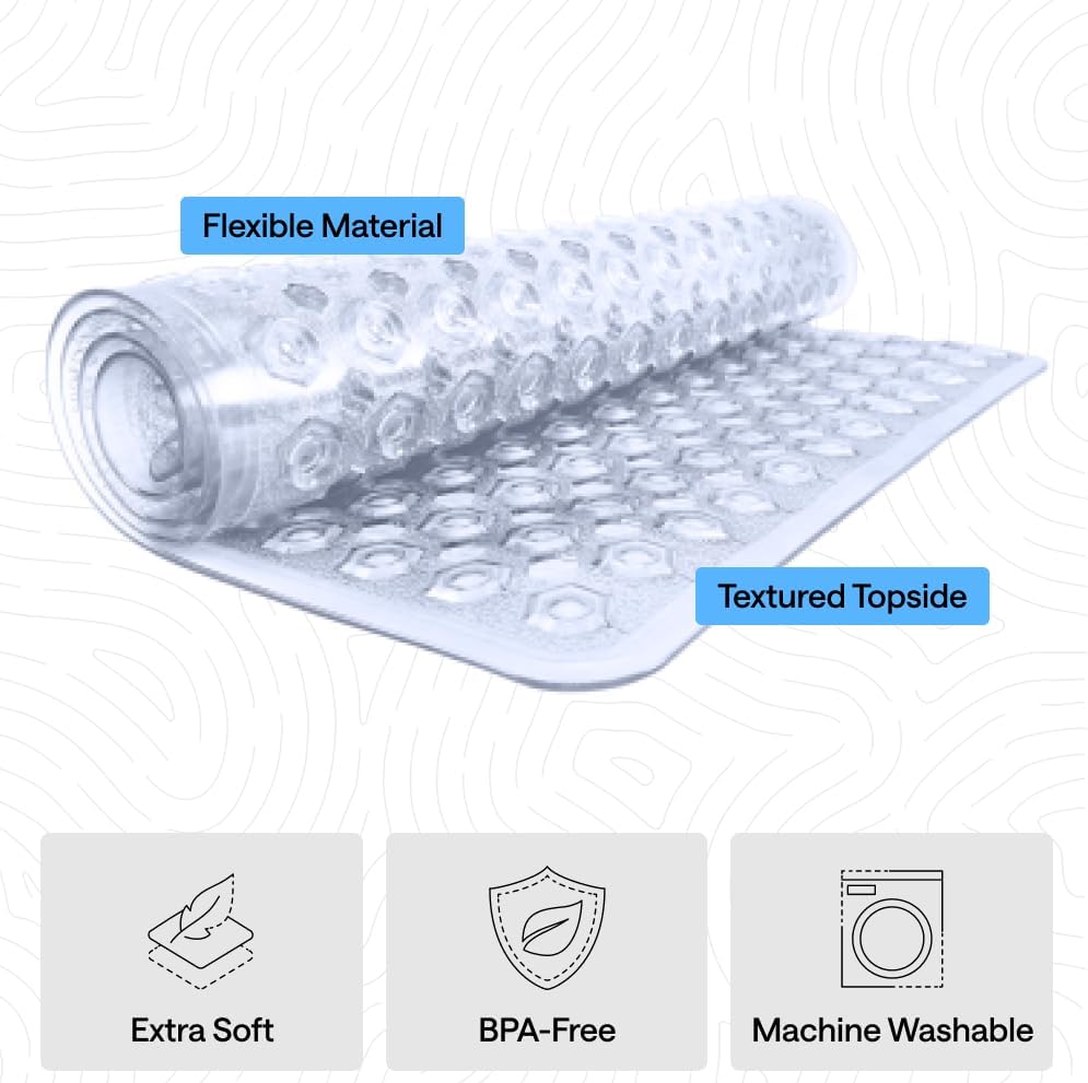 GORILLA GRIP Patentierte Badewannen-Duschmatte, Maschinenwaschbare Badewannenbodenmatte, Saugnäpfe und Abflusslöcher für saubere Wannen, Badezimmer-Essentials, 89x41 cm, Transparent