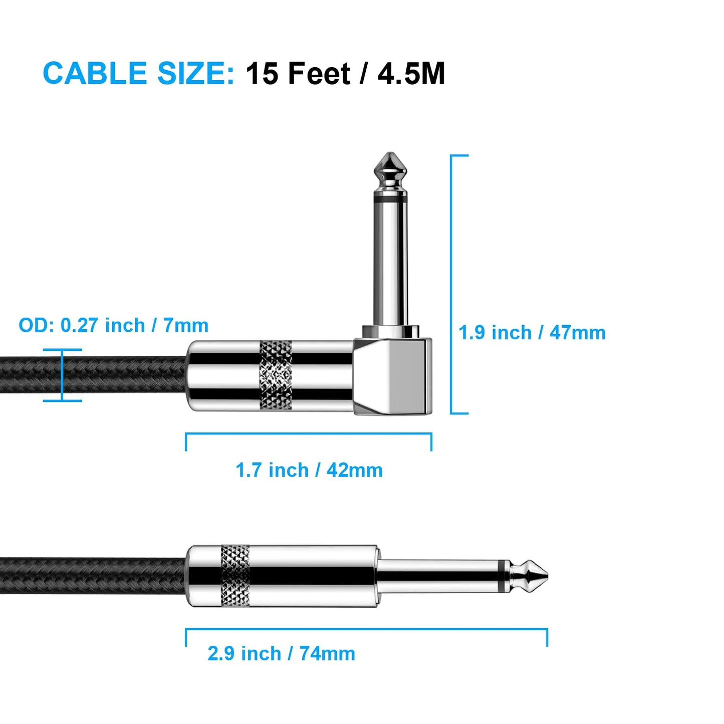 Gitarrenkabel 3m New bee E-Instrumentenkabel Bassverstärkerkabel für E-Gitarre, Bassgitarre, E-Mandoline, Pro Audio (Winkelstecker auf Gerader Stecker, Schwarz)