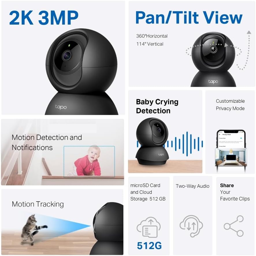 Tapo 2K Indoor Pan/Tilt Wired Security Camera - Works as a Baby Monitor & Pet Camera, Motion Detection, 2-Way Audio, Siren, Night Vision, Subscription-Free Local Storage or Optional Cloud, Black, C211