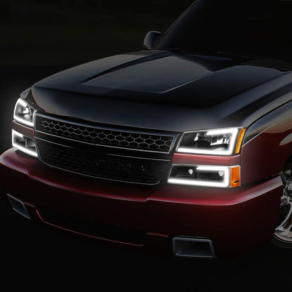DNA MOTORING HL-LB-CSIL03-BK-CL1 Black Housing 3D LED DRL Headlight Bumper Lamp Set Compatible with 03-06 Silverado 1500-3500 / Avalanche 1500 2500