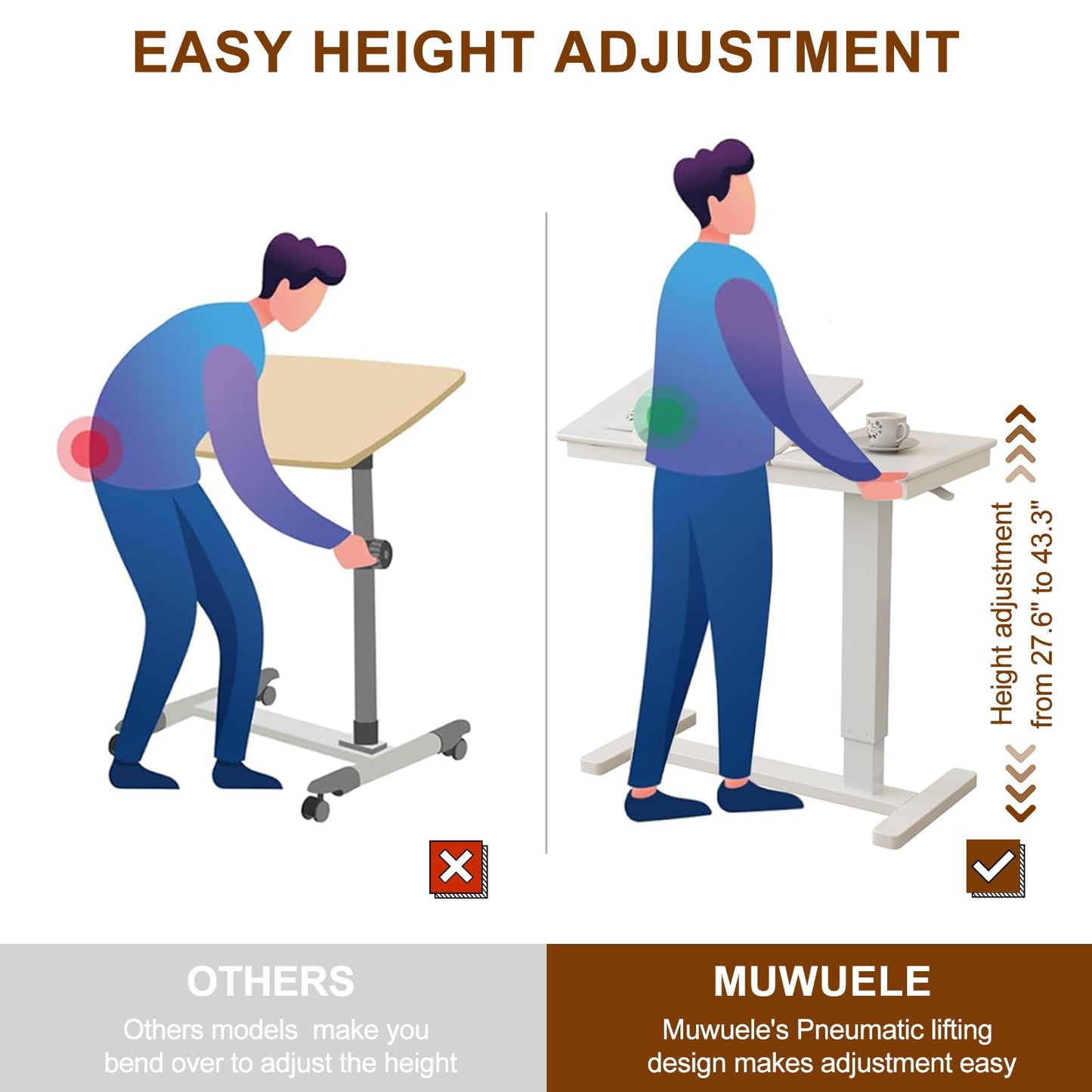 Muwuele Solid Wood Overbed Bedside Table with Wheels, Adjustable Medical Tilt Top Hospital Bed Table Over The Bed, Rolling Laptop Desk, Mobile Standing Desk for Hospital and Home Use (Walnut)