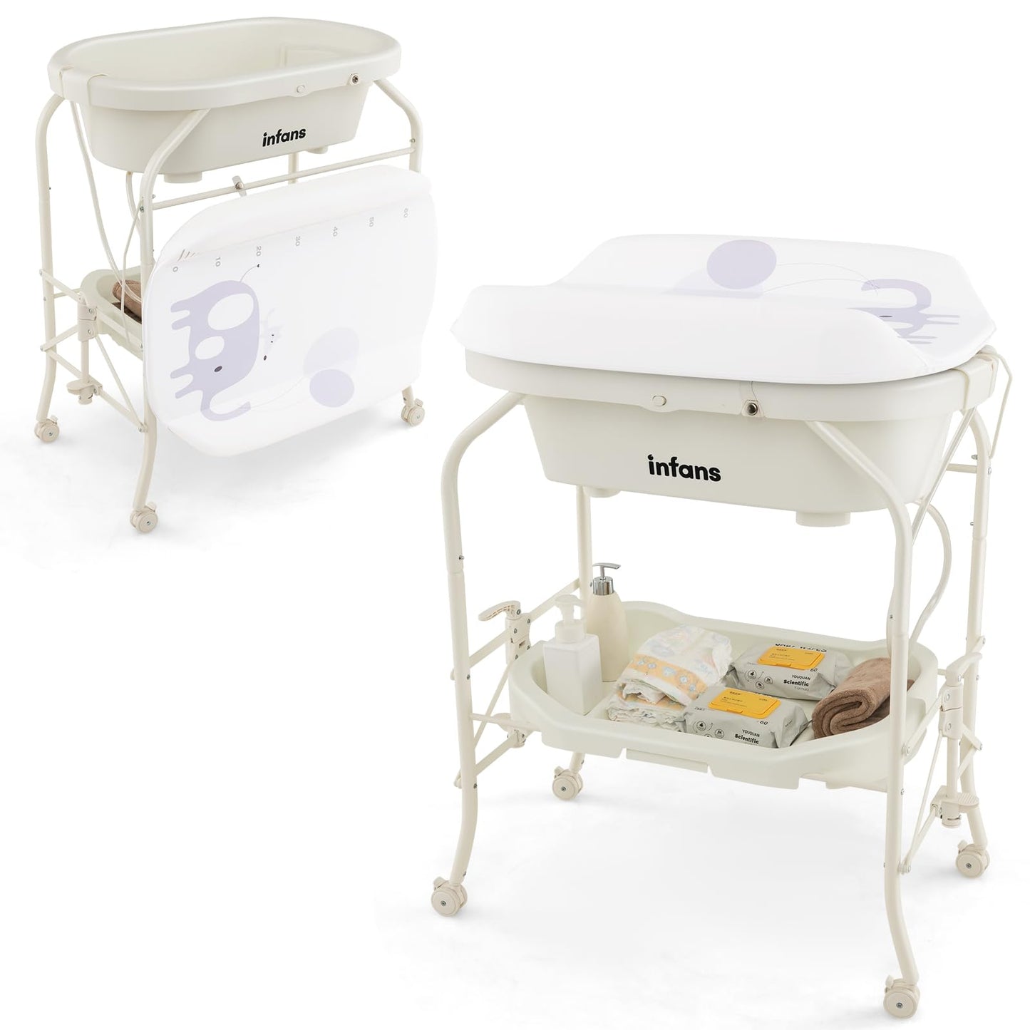 INFANS 2 in 1 Baby Changing Table with Bath Tub Unit, Folding Diaper Dresser Station with Wheels Waterproof Pad Storage Rack, Portable Nursery Organizer Stand for Newborn Infant