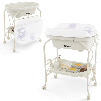 INFANS 2 in 1 Baby Changing Table with Bath Tub Unit, Folding Diaper Dresser Station with Wheels Waterproof Pad Storage Rack, Portable Nursery Organizer Stand for Newborn Infant