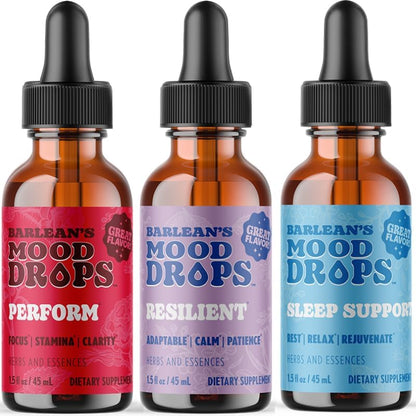 Barlean's Mood Booster Supplement Bundle, Perform, Resilient and Sleep Liquid Drop Supplements for Men and Women, Adaptogen Herbs Drops, 1.5 oz