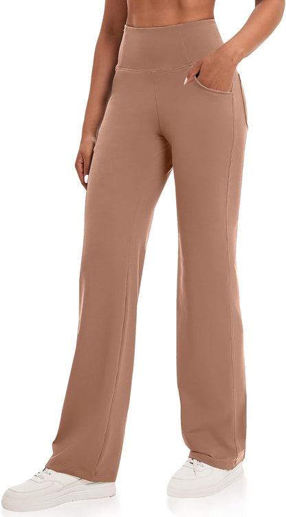 VOOVEEYA Yogahosen für Damen mit Taschen, gerade geschnittene Hose mit weitem Bein, hochtaillierte Business-Hose, petite/regulär//lang