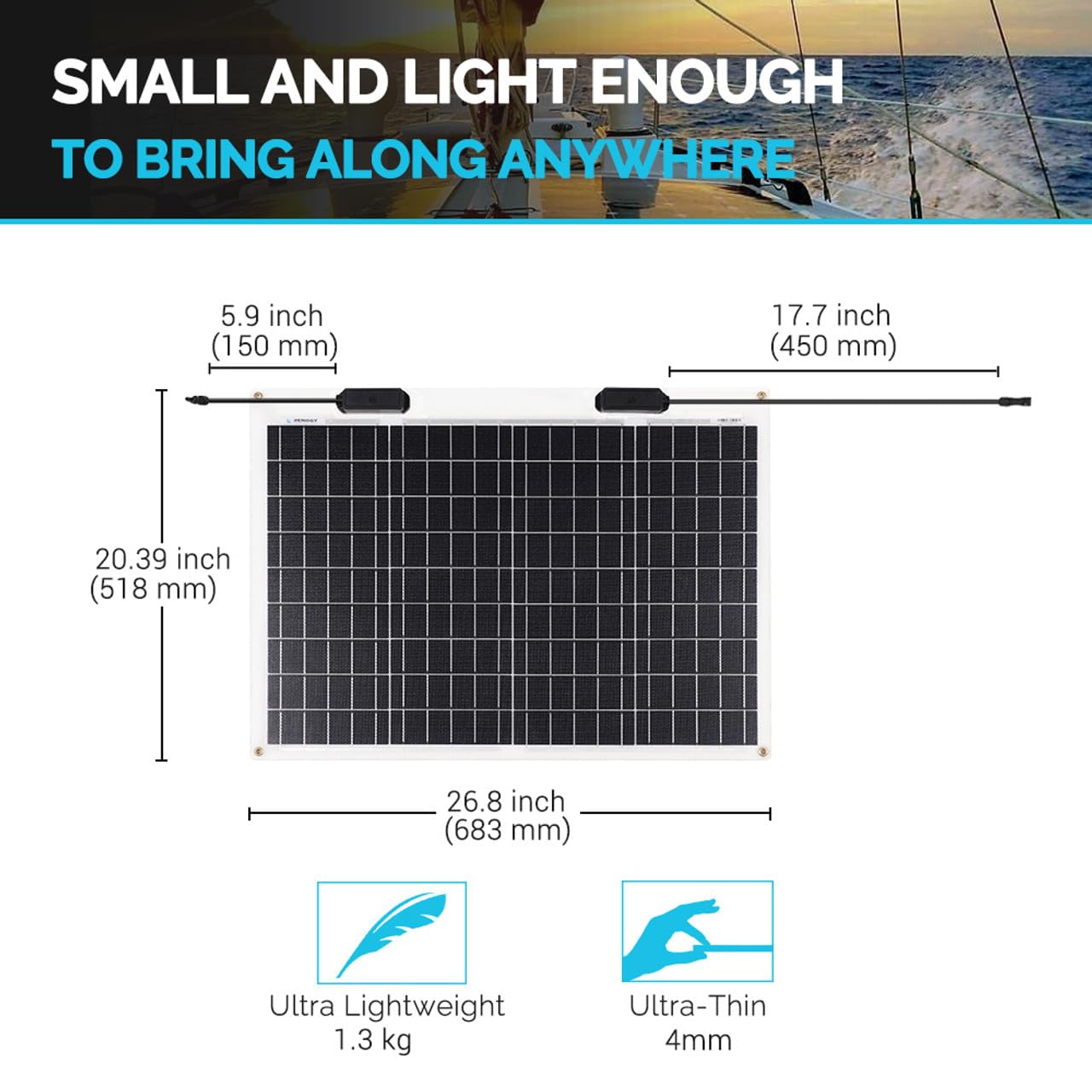 Renogy Flexible Solar Panel 50 Watt 12 Volt Monocrystalline Ultra-Flexible Bendable Mono Off-Grid Charger for Marine RV Cabin Van Car Boat Curve Surfaces