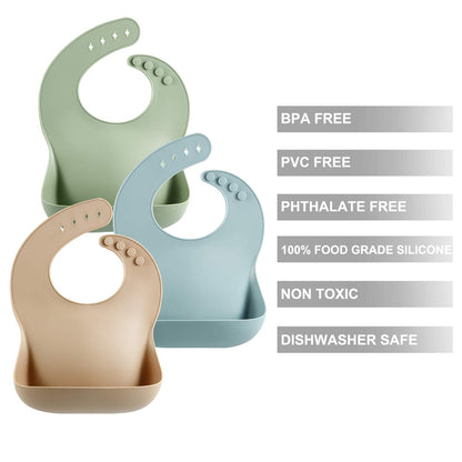 PandaEar 3er-Set Silikon-Lätzchen für Babys, wasserdicht, weich, Unisex, 10-72 Monate (Braun/Blau/Grün)