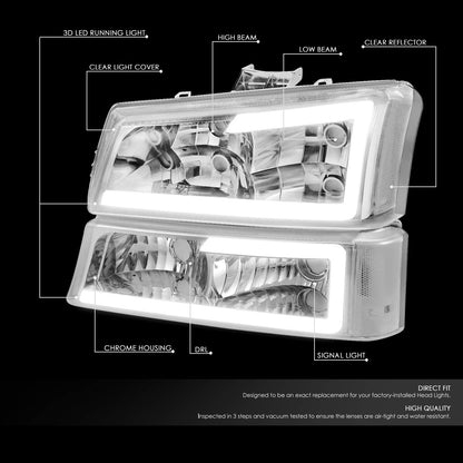 DNA MOTORING HL-LB-CSIL03-BK-CL1 Black Housing 3D LED DRL Headlight Bumper Lamp Set Compatible with 03-06 Silverado 1500-3500 / Avalanche 1500 2500