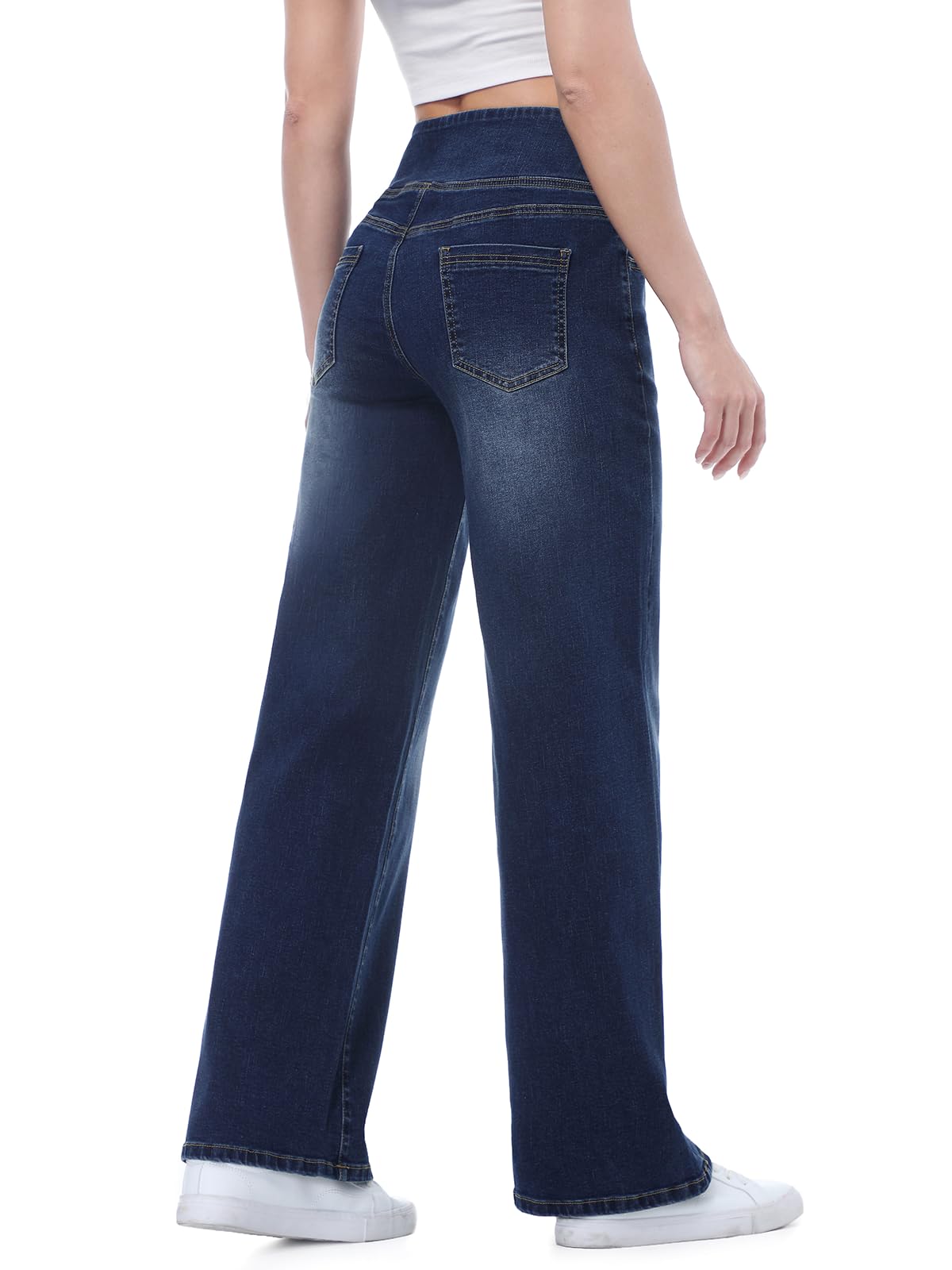 Chasehot Damen Jeans, Weites Bein, zum Reinschlüpfen, High Waist, Stretchy, Baggy, Trendy, Bauchkontrolle, Gerades Bein, Denim, Dunkelindigo Waschung-L
