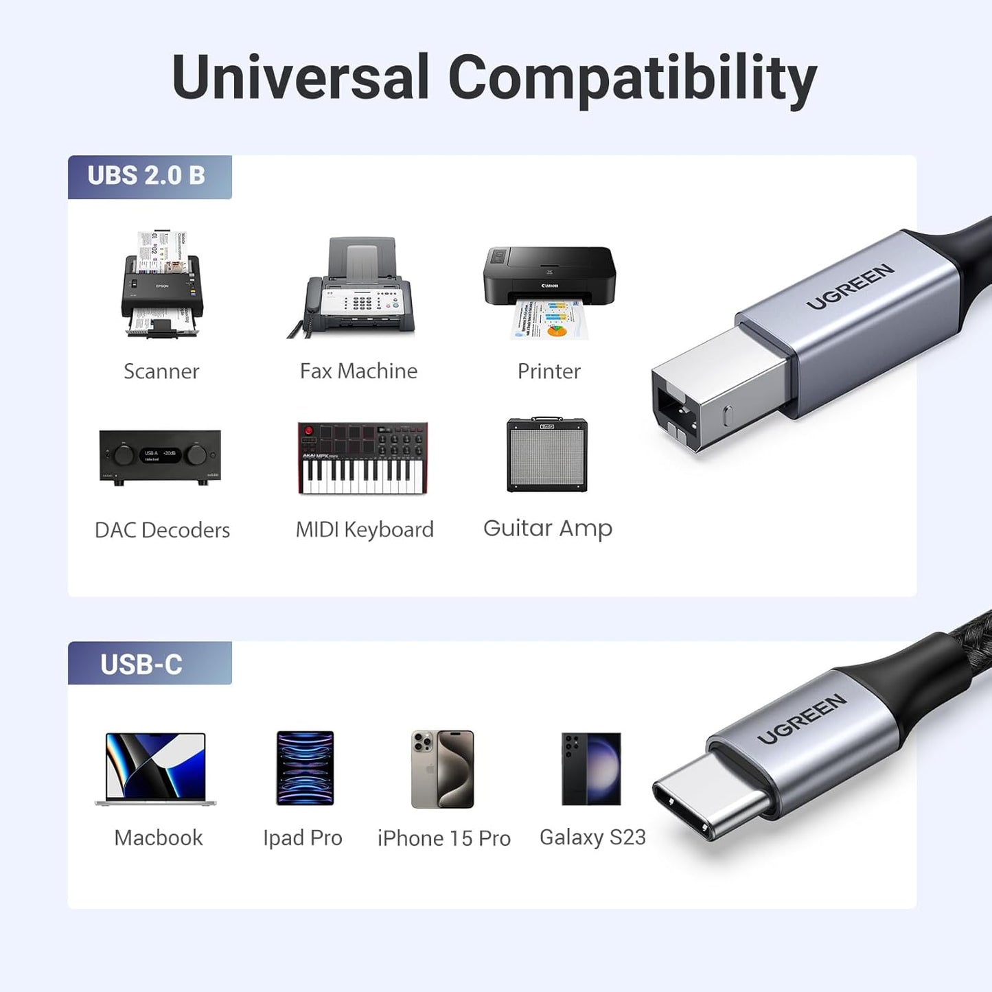 UGREEN USB C Drucker-Kabel Typ C auf A geflochtenes MIDI-Kabel kompatibel mit DJ-Controller, MIDI-Keyboard, digitalem Mischpult, Piano-Keyboard für MacBook Pro, iPad, 1,8 m